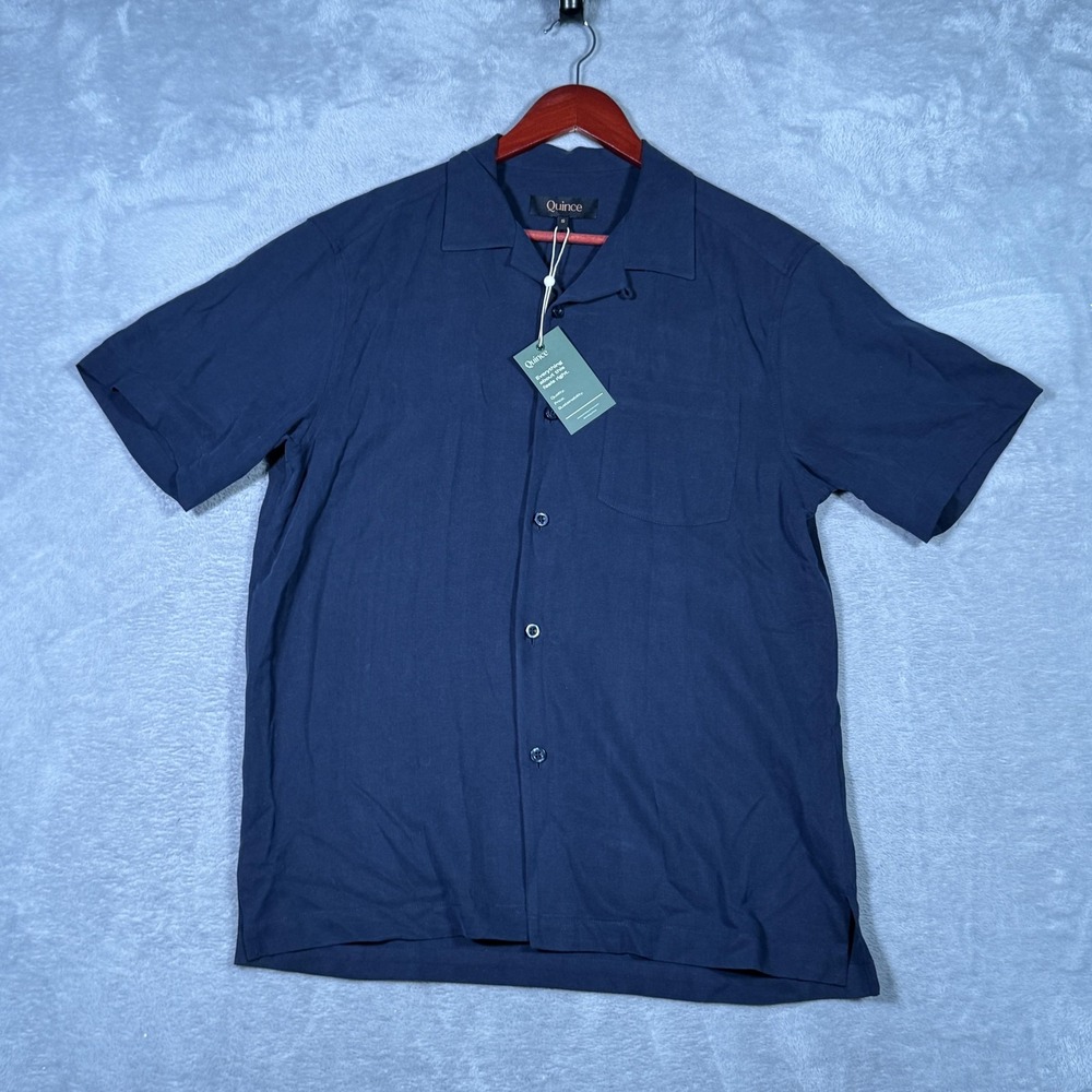 Quince Shirt Mens Small Navy Silk Twill Short Sleeve Camp Button‎ Up Casual